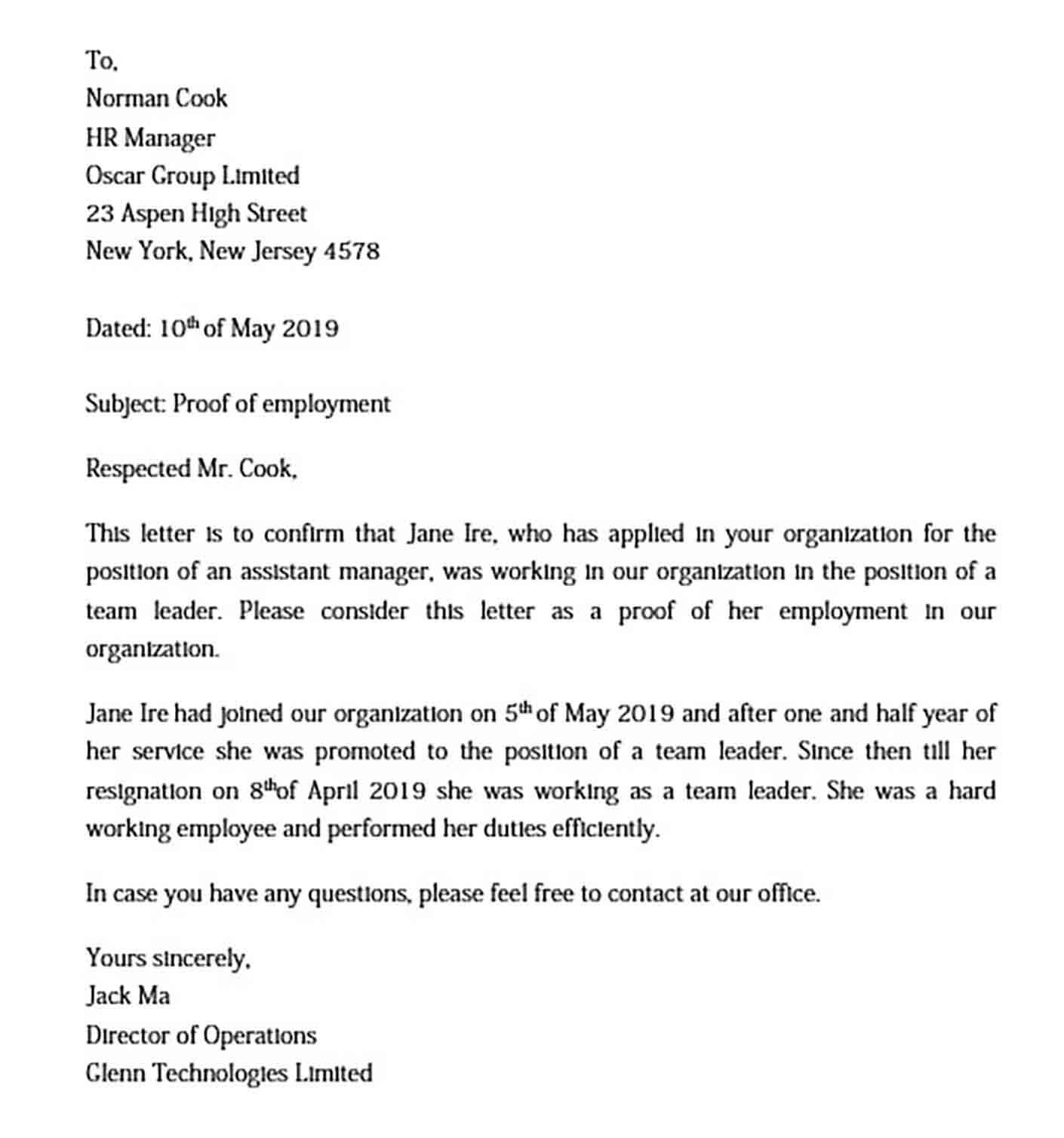 Proof of Employment Letter