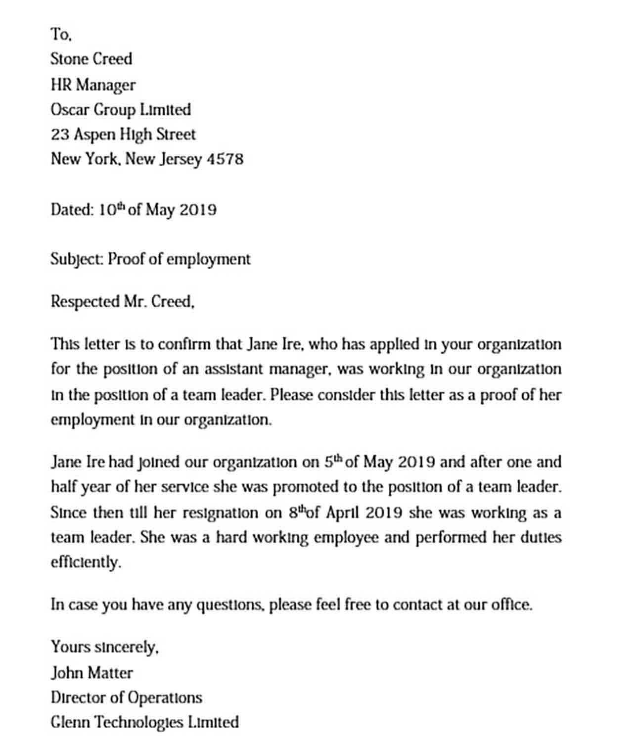 Proof of Employment Letter