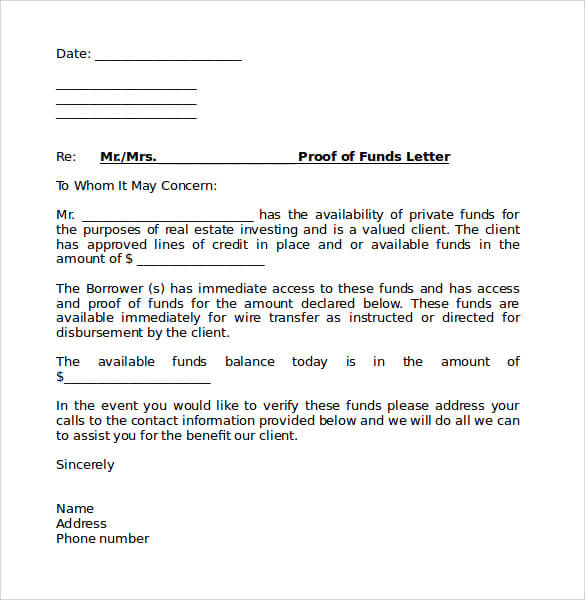 Proof of Funds Letter