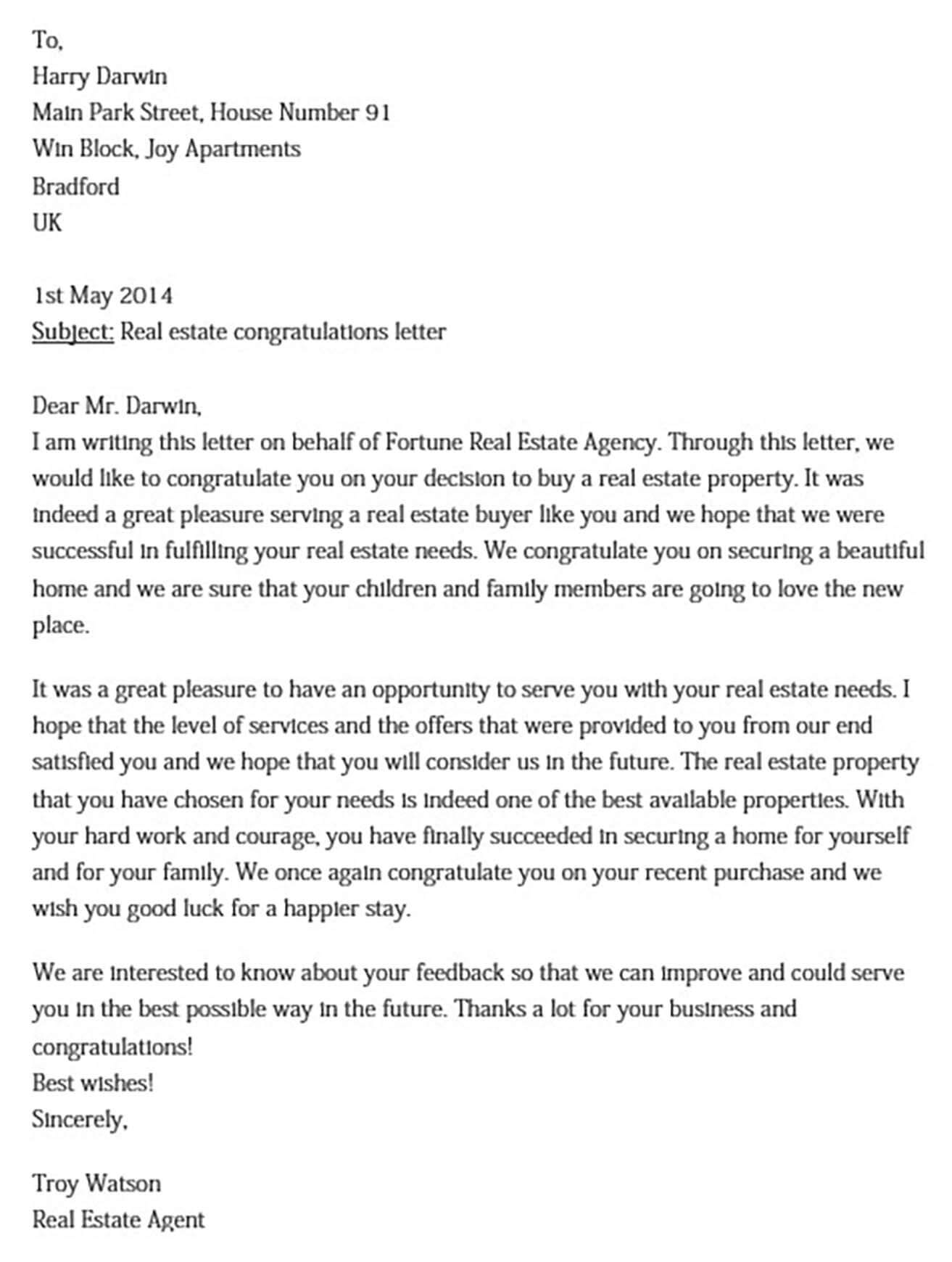 Real Estate Congratulations Letter