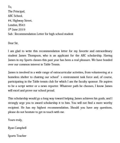 Recommendation Letter for High School Student from Sports Teacher