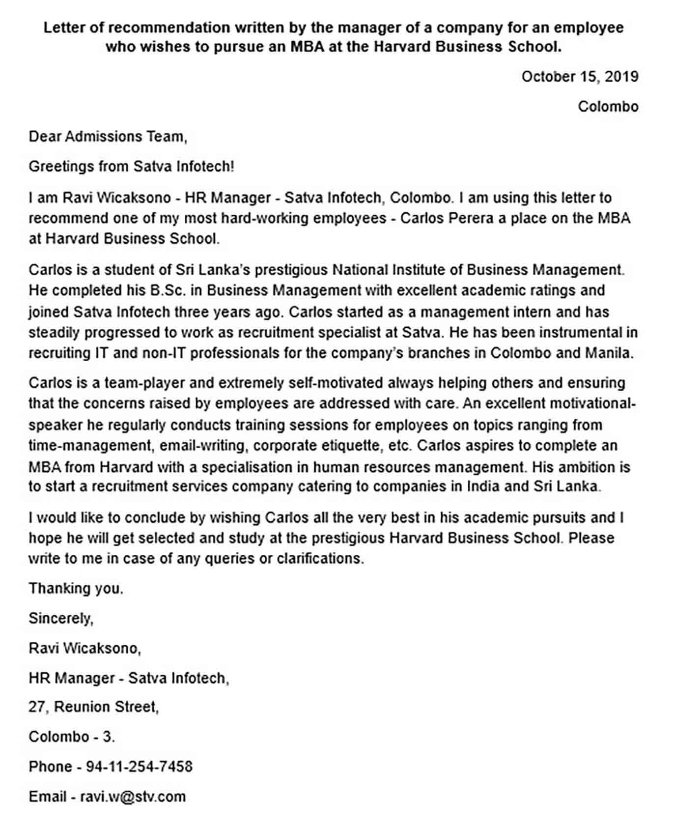 Recommendation Letter for MBA Admission