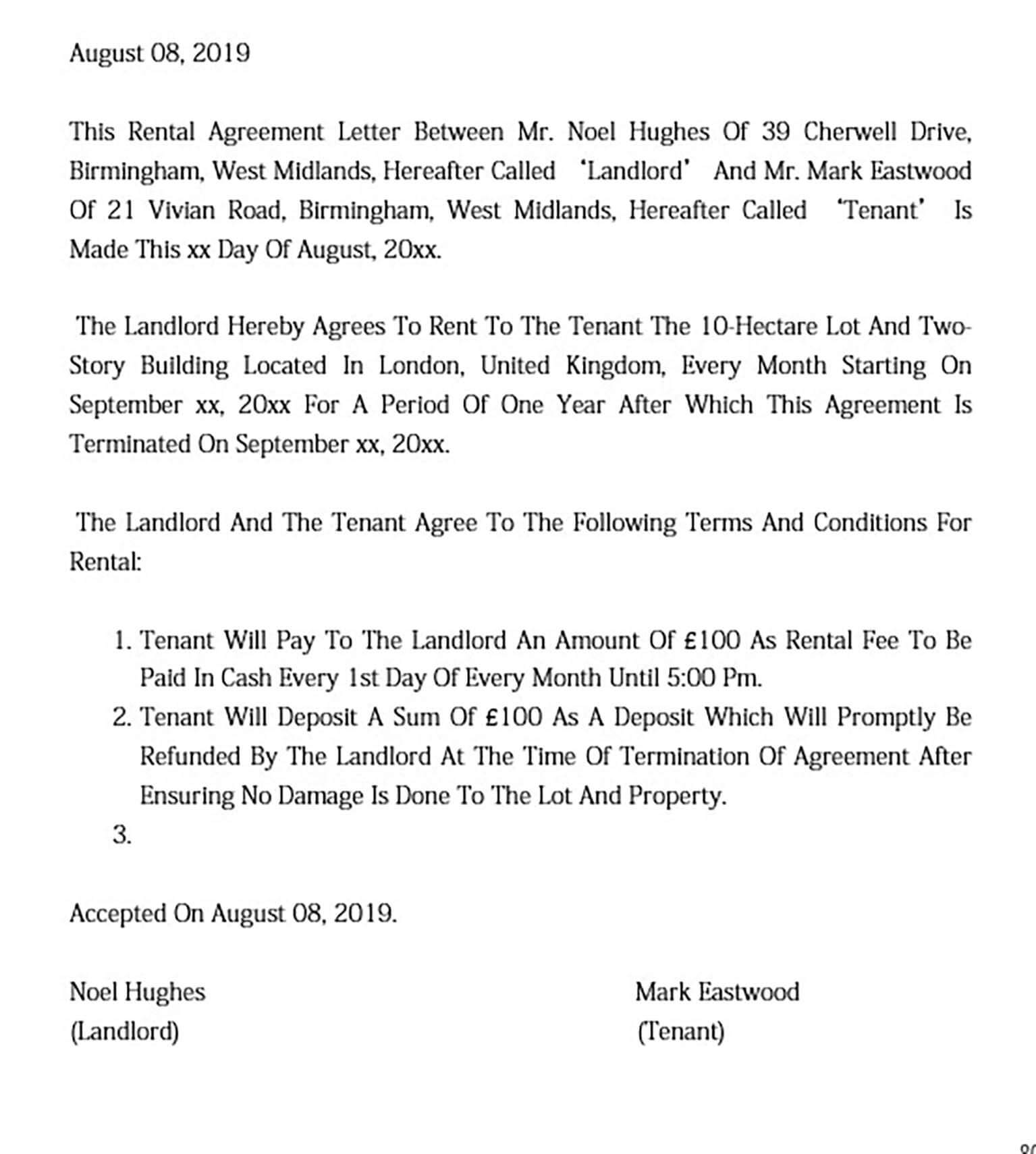 Rent Agreement Letter