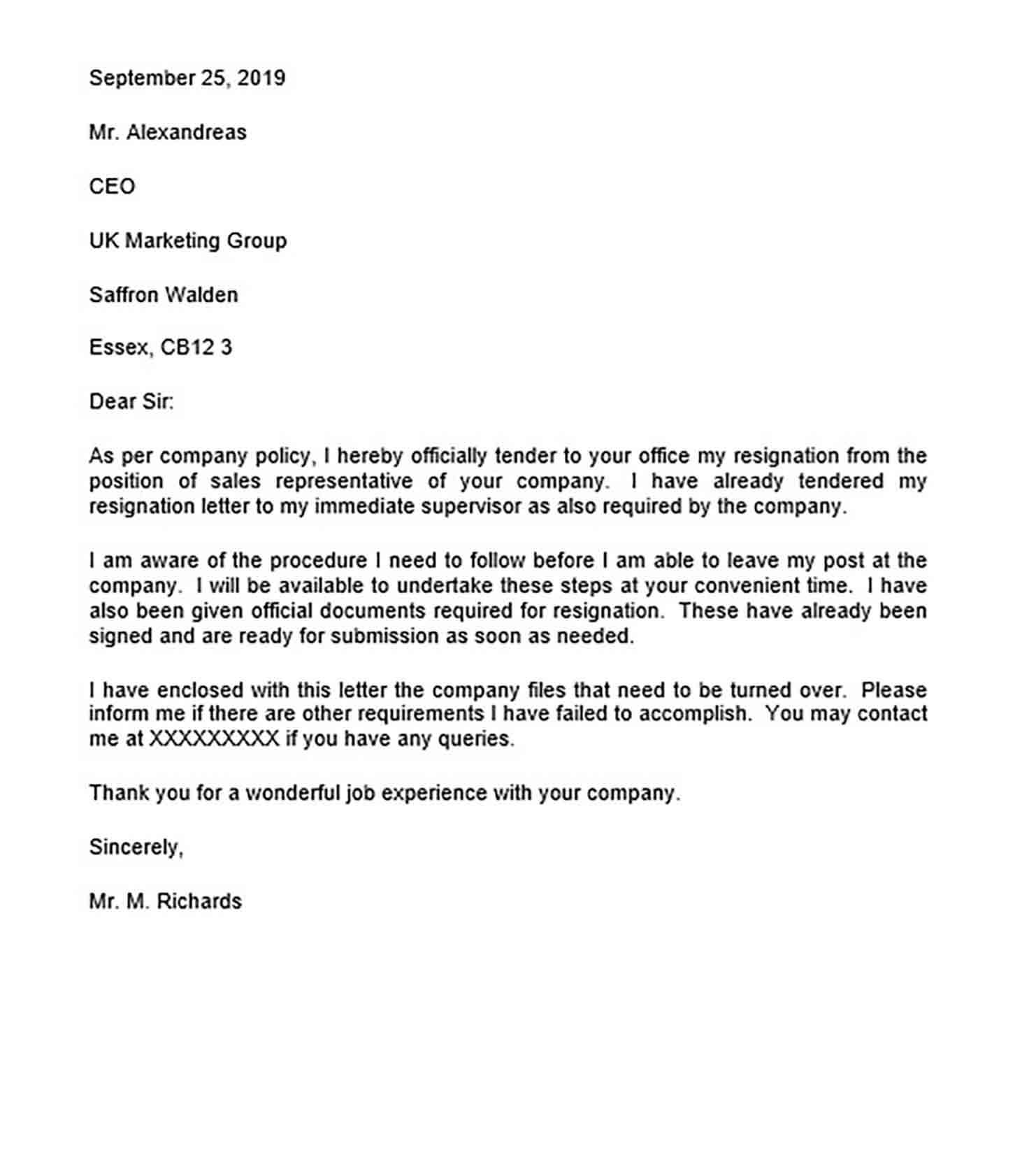 Resignation Letter