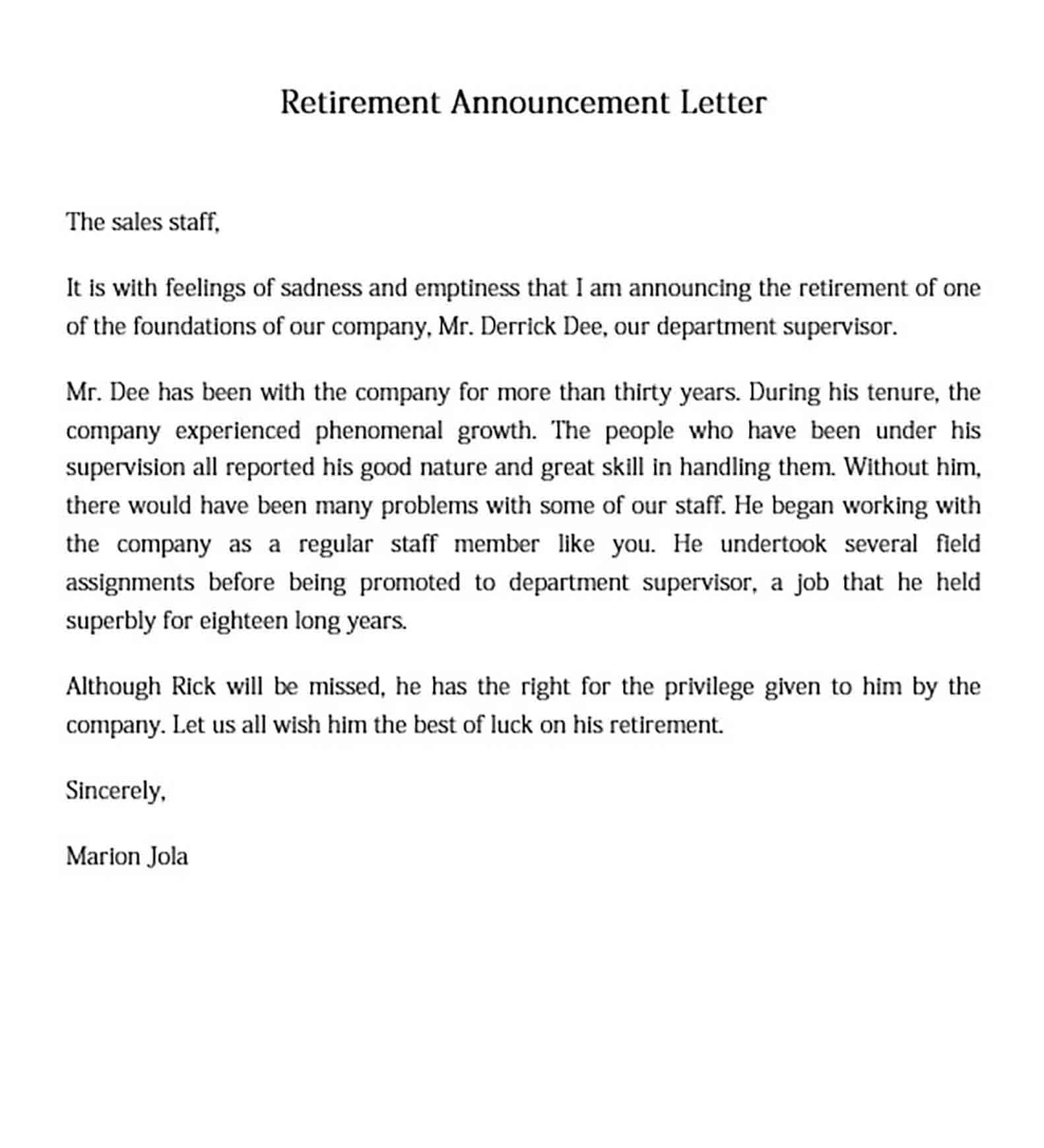 Retirement Announcement Letter