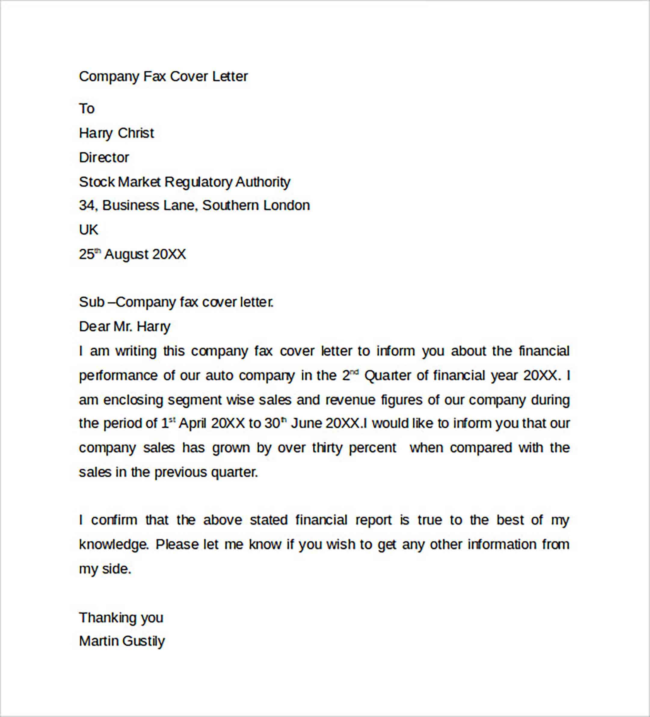 Sample Fax Cover Letter