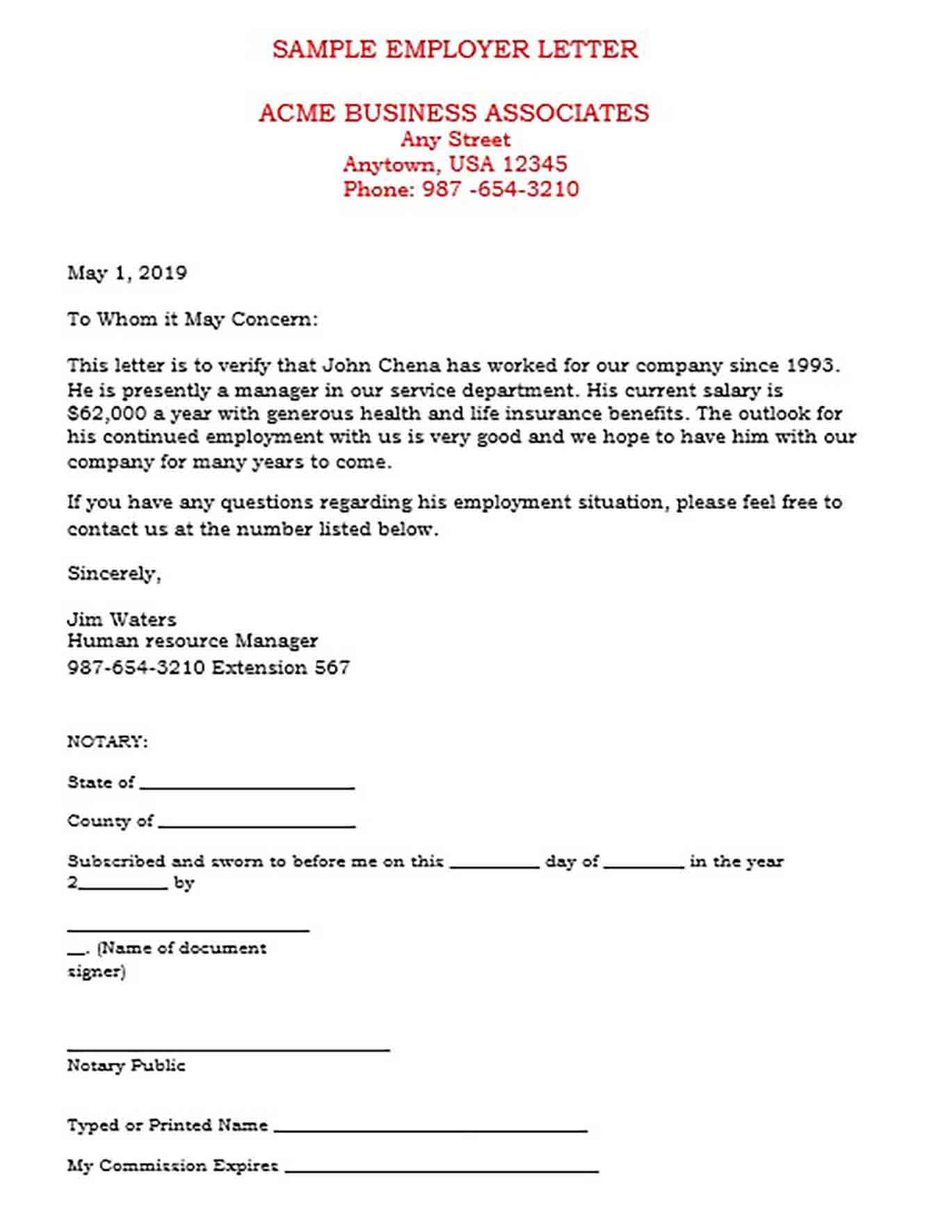 Sample Income Verification Letter From Employer