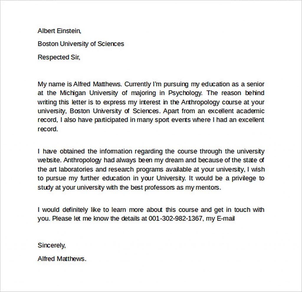 Sample Letter Of Intent Graduate School