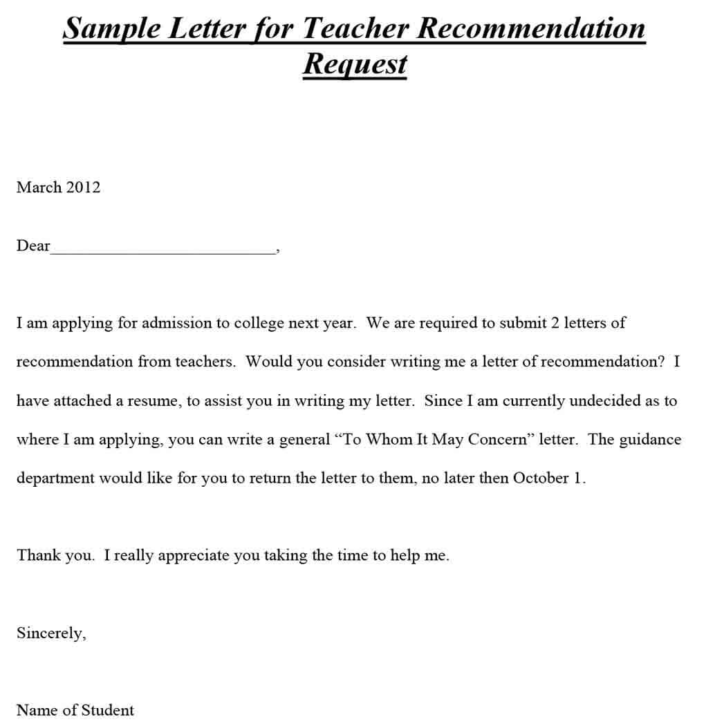 Sample Letter for Teacher Recommendation Request