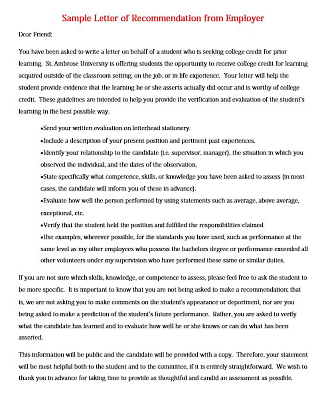 Sample Letter of Recommendation from Employer