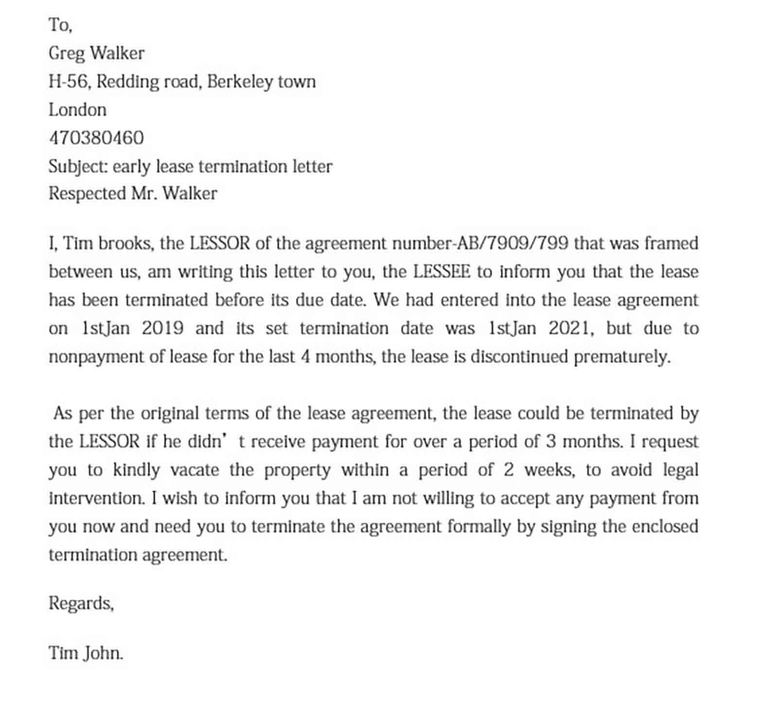 Sample Of Early Lease Termination Letter