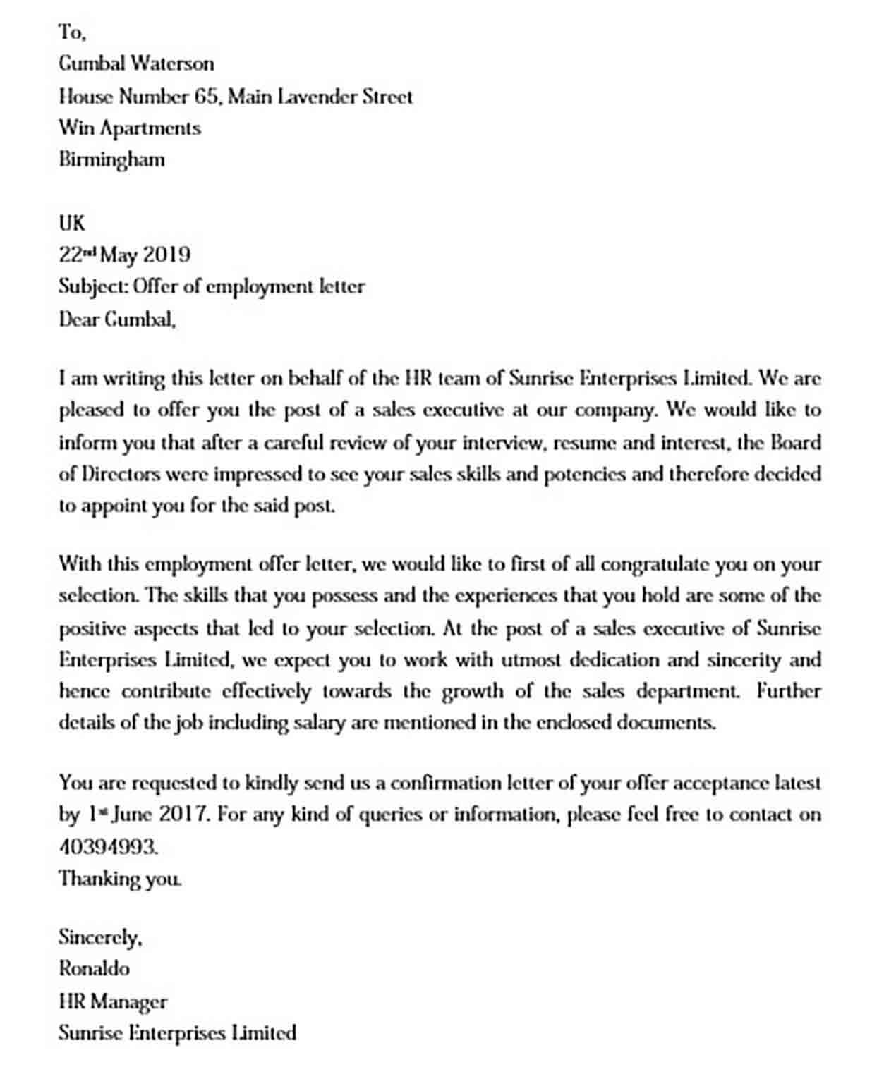 Sample Offer of Employment Letter