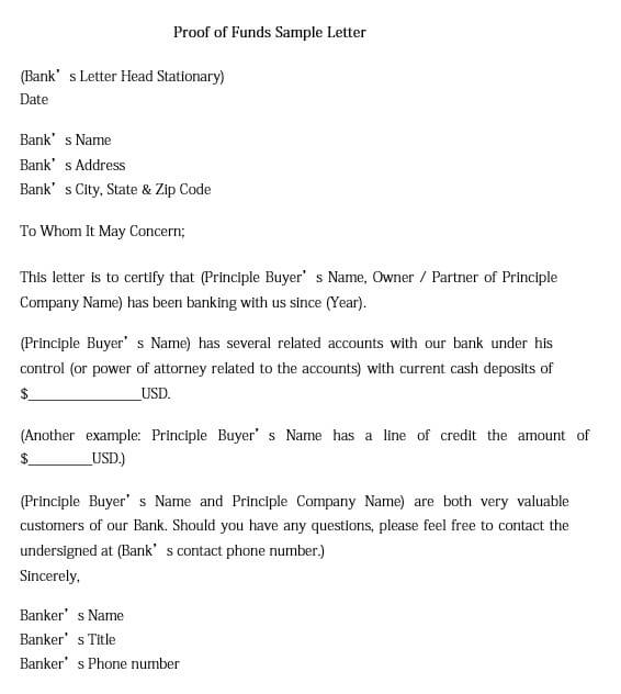 Sample Proof of Funds Letter