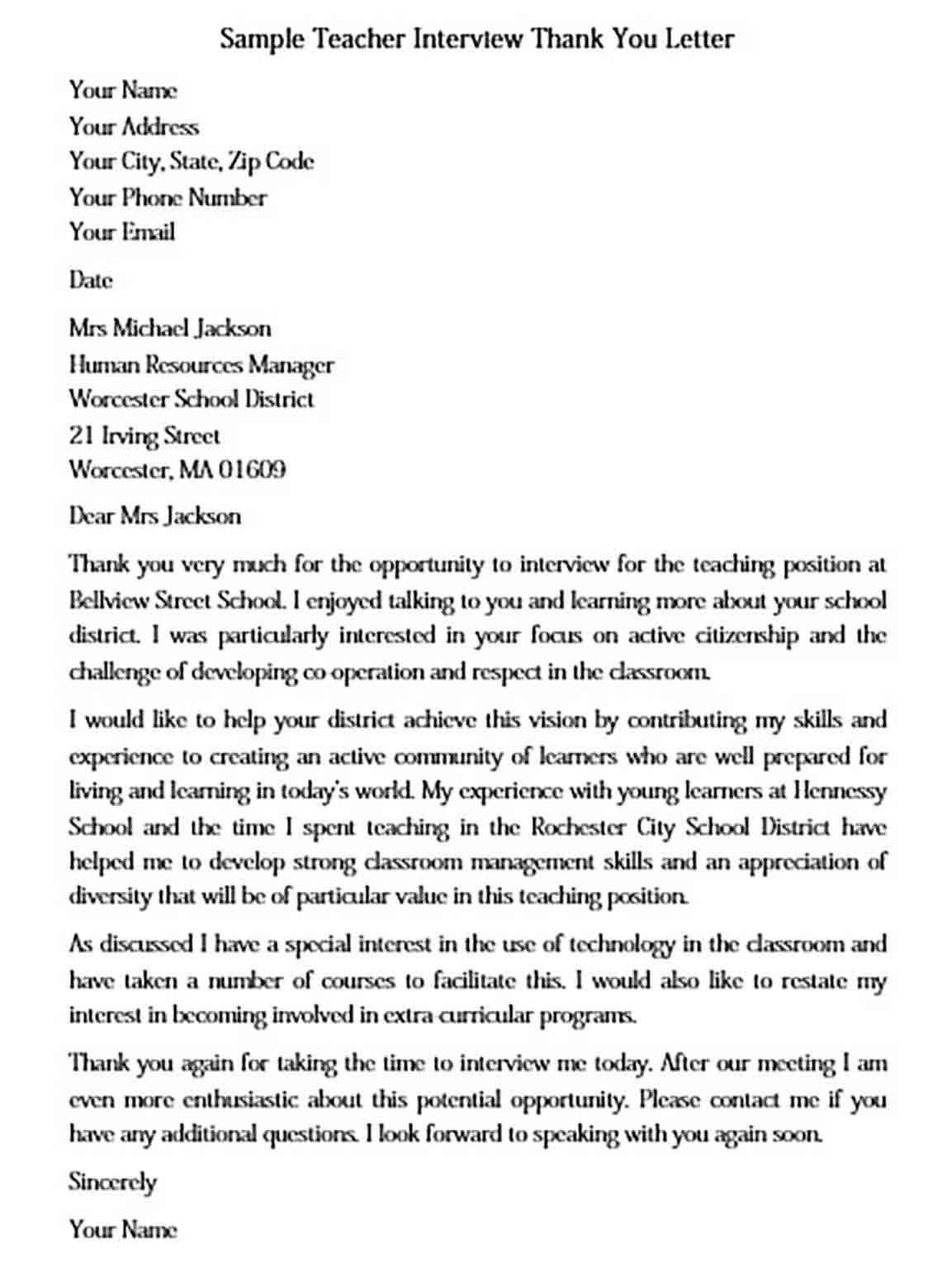 Sample Teacher Interview Thank You Letter