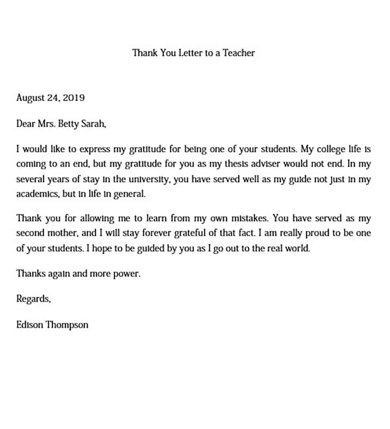 Sample Thank You Letter to a Teacher