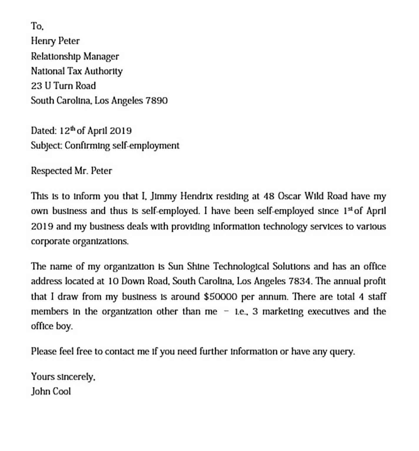 Self Employment Letter