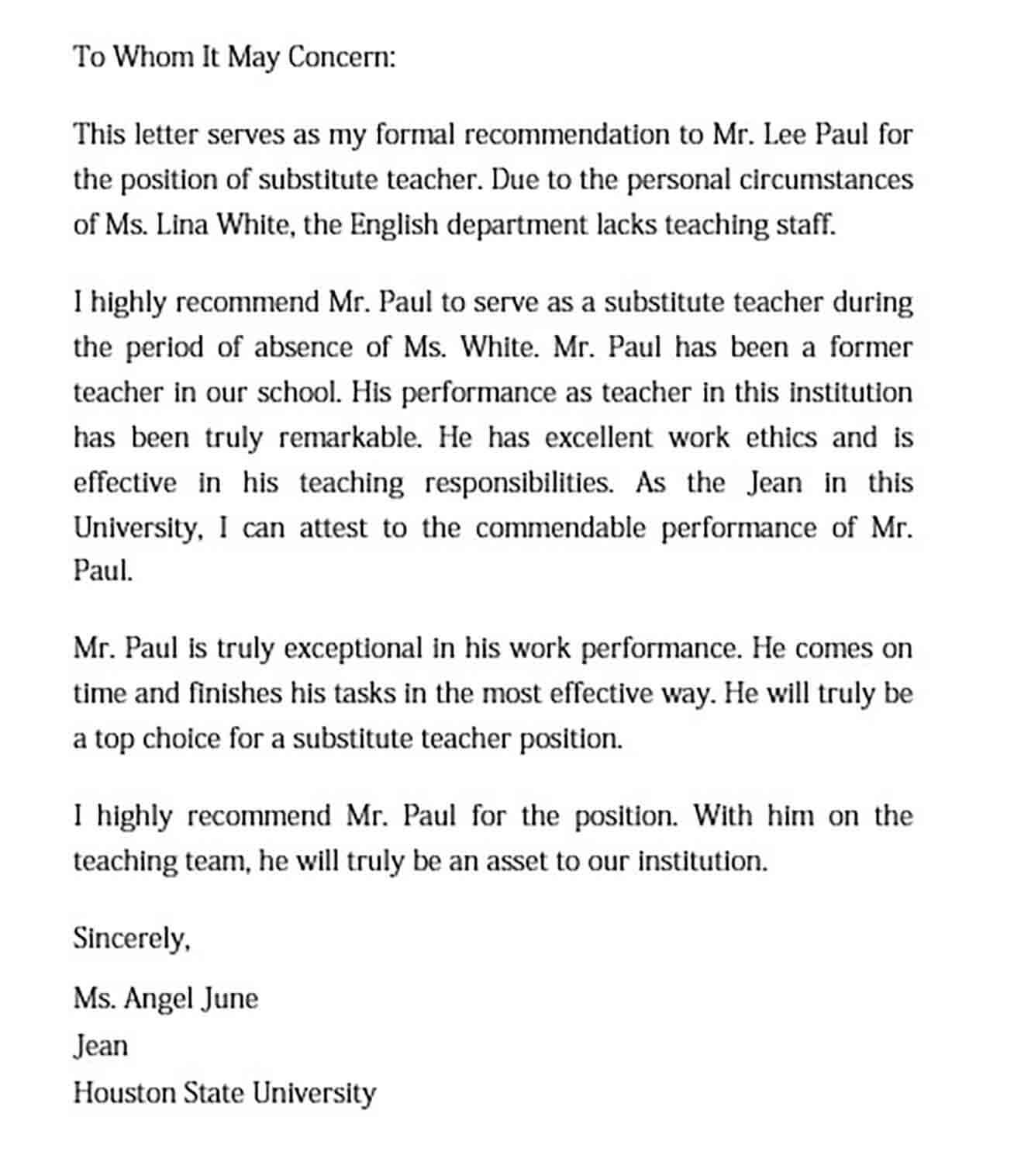 Substitute Letter of Recommendation for a Teacher