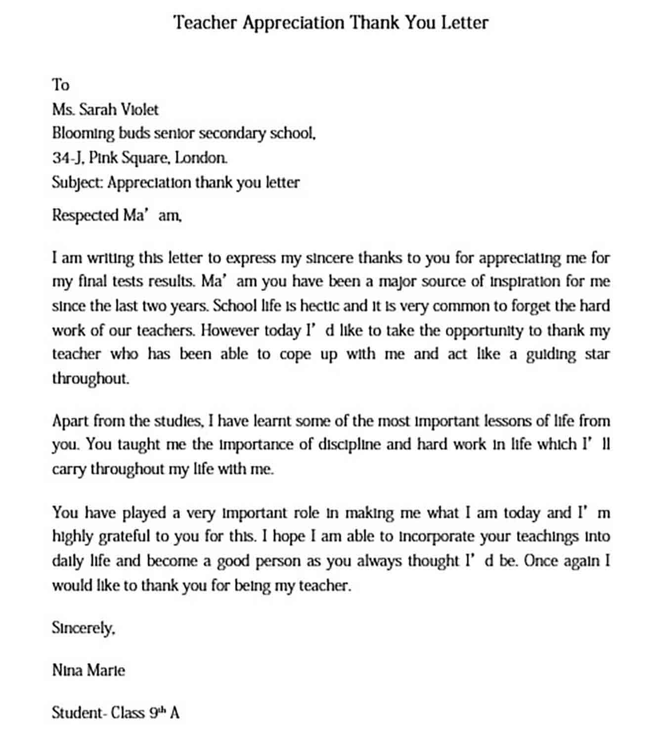 Teacher Appreciation Thank You Letter