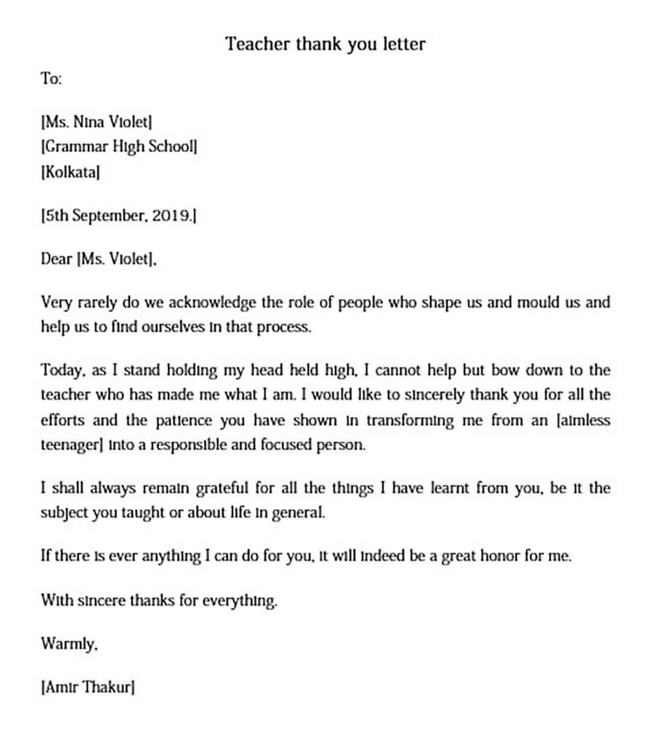 Teacher thank you letter