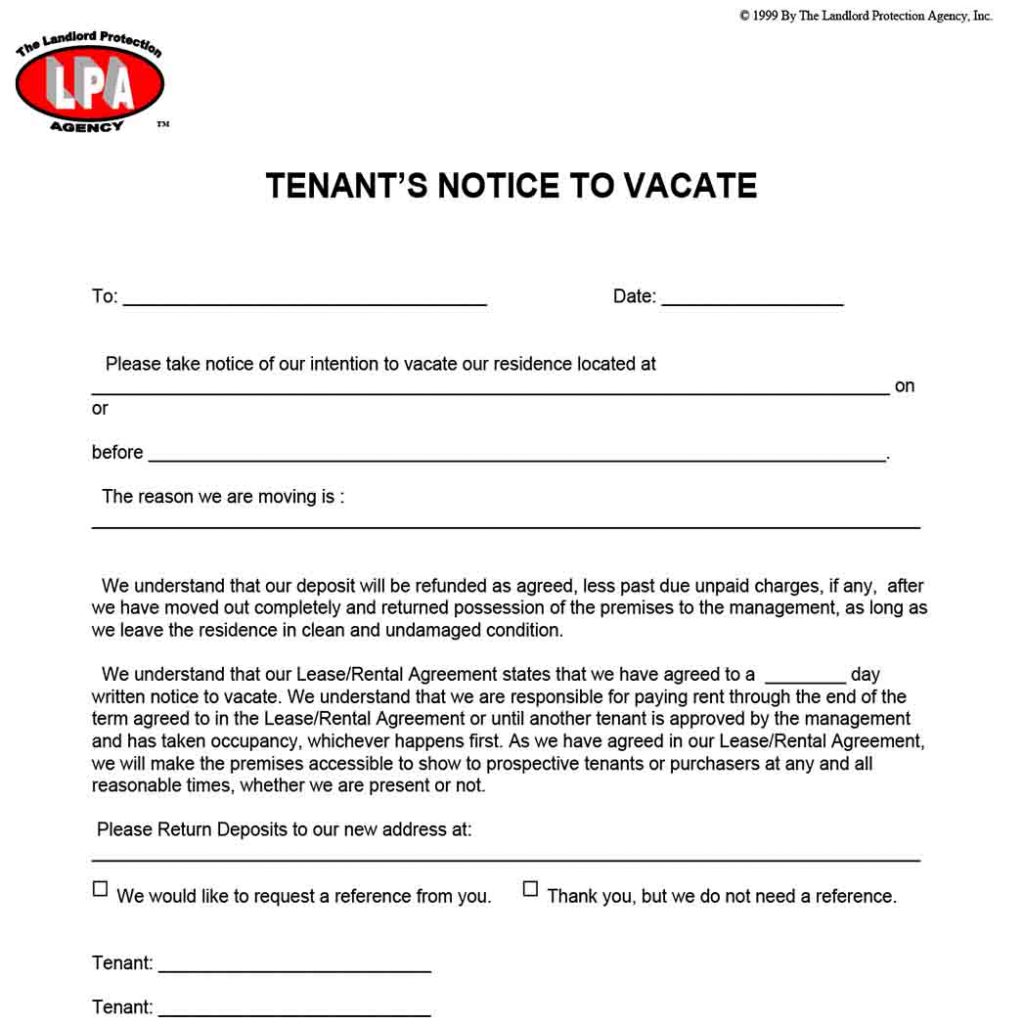 Tenants Notice To Vacate
