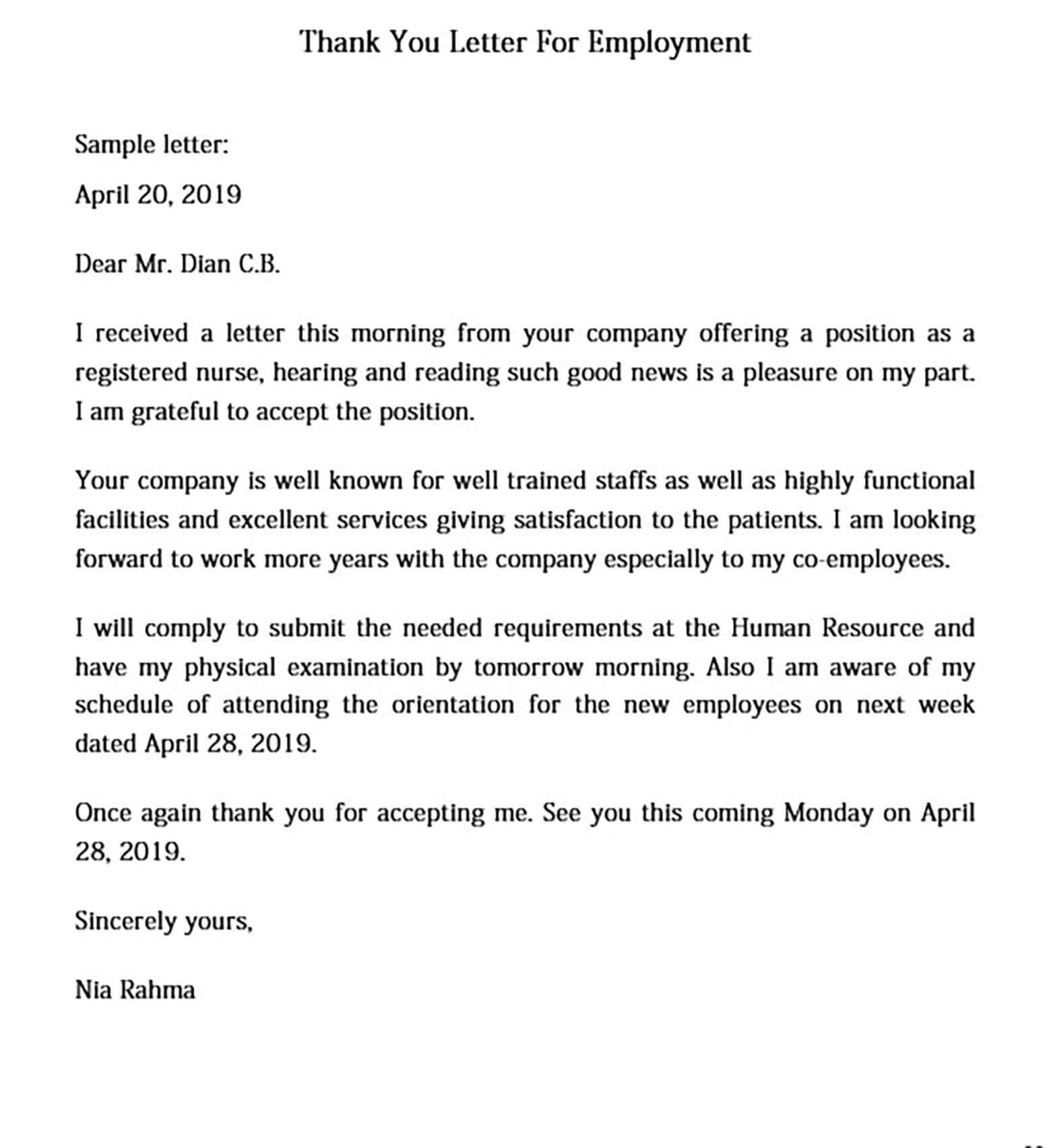 Thank You Letter For Employment