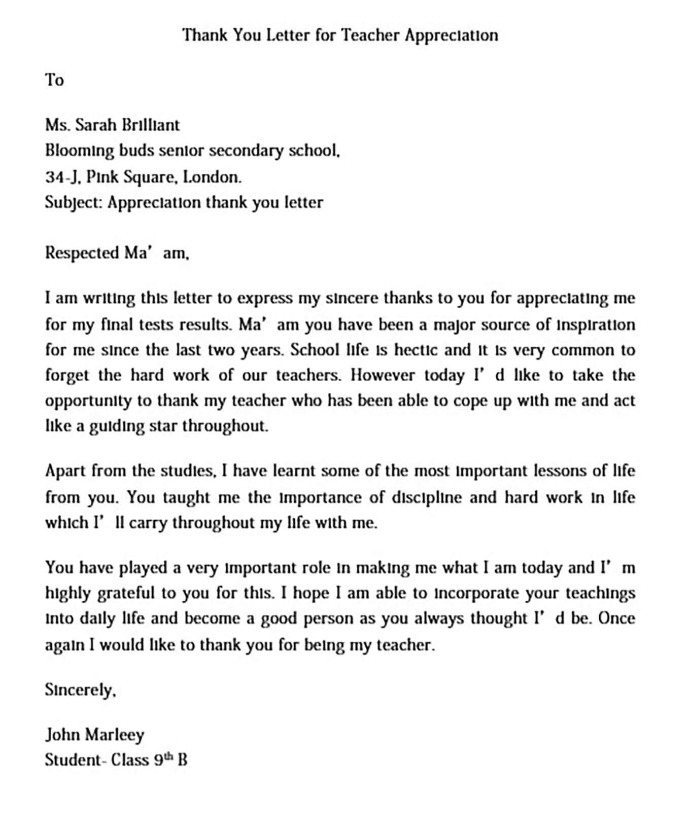 Thank You Letter for Teacher Appreciation