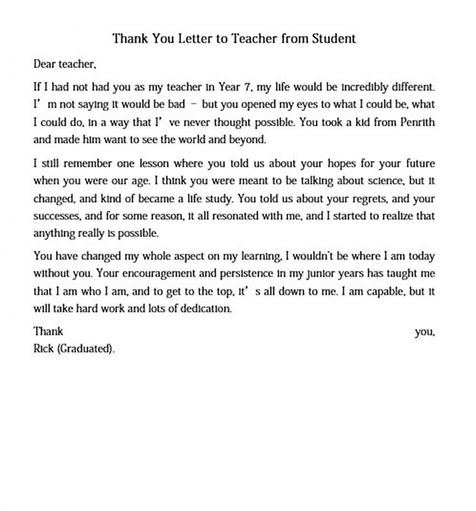 Thank You Letter to Teacher from Student