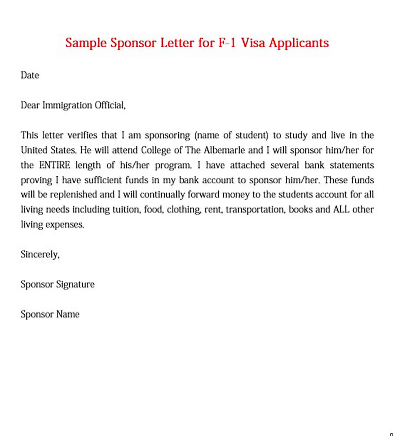 Visa Sponsorship Letter Sample