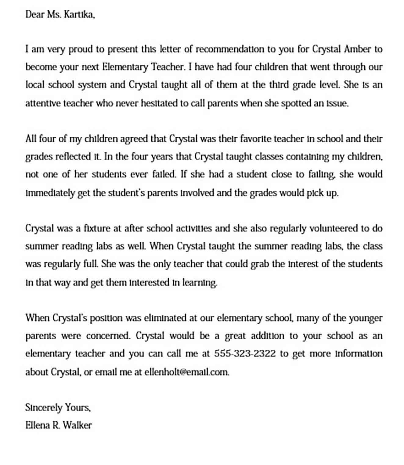 elementary teacher recommendation letter sample