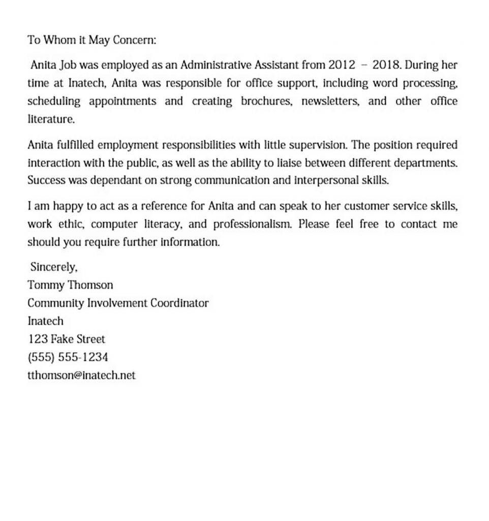 Work Recommendation Letter Sample Pdf