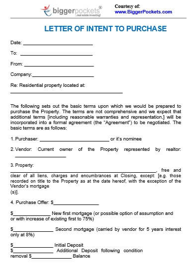 letter of intent to purchase residential property