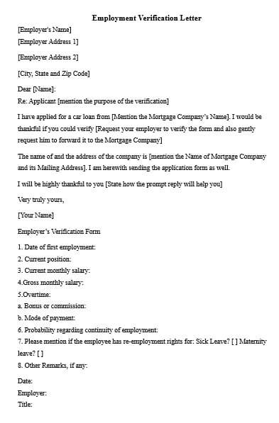 printable employment verification letter