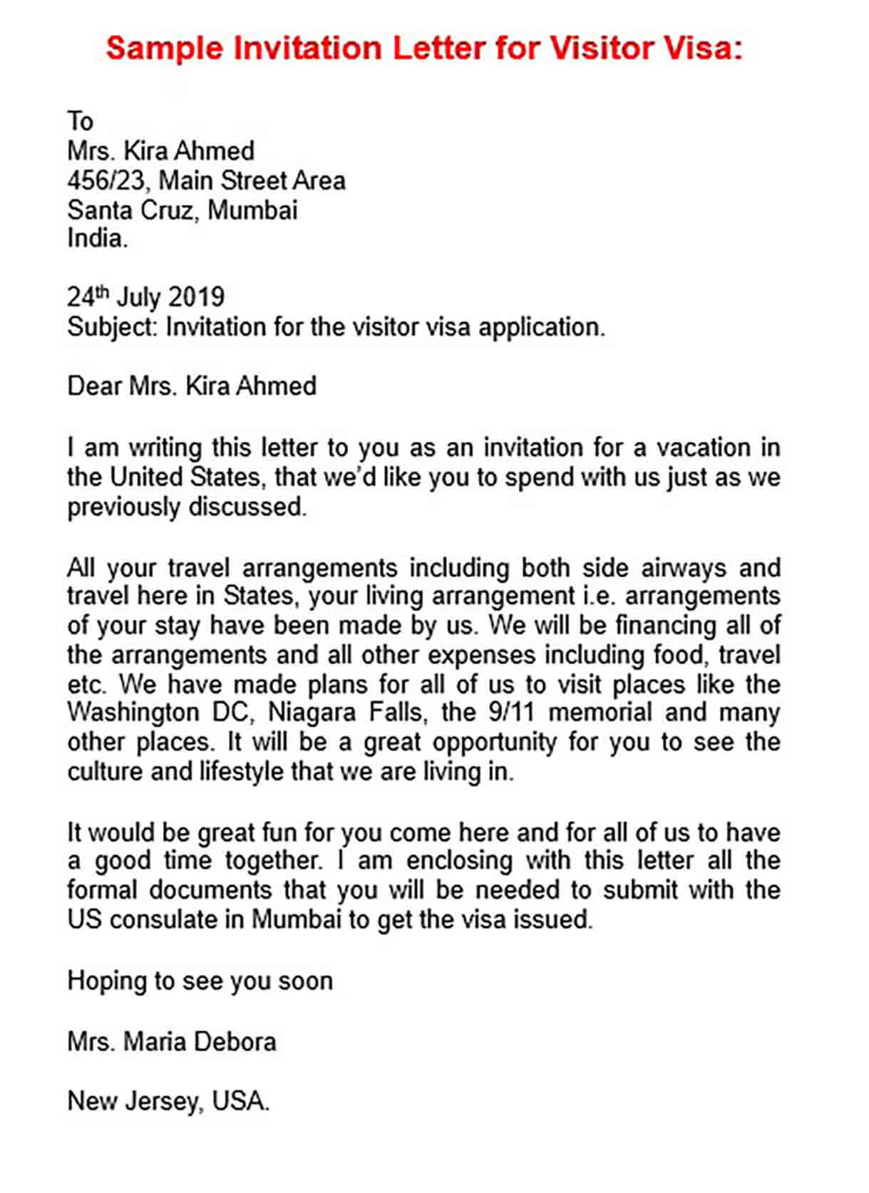 cover letter visa usa