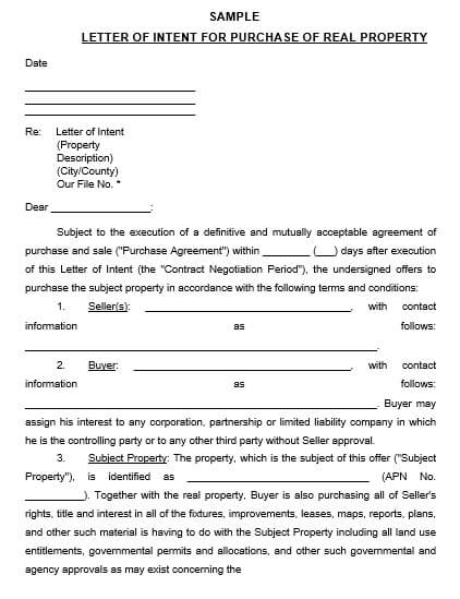 sample letter of intent to purchase property