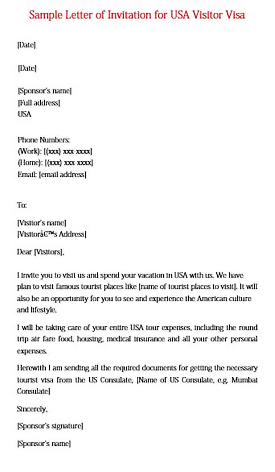 sample letter of invitation for usa visitor visa