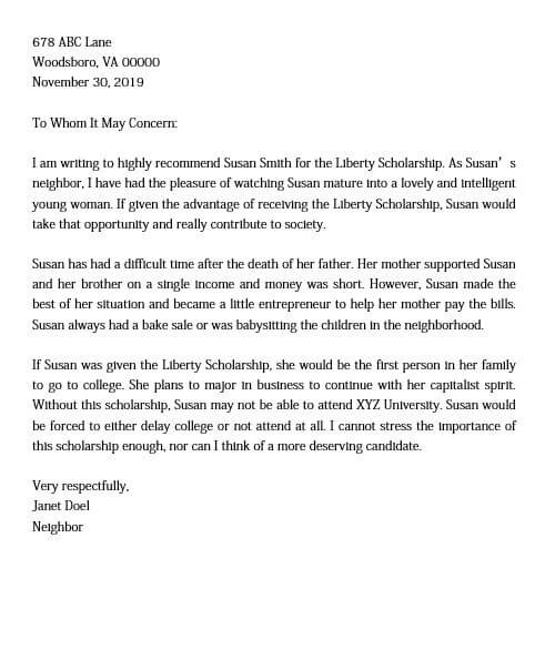 sample letter of recommendation for liberty scholarship