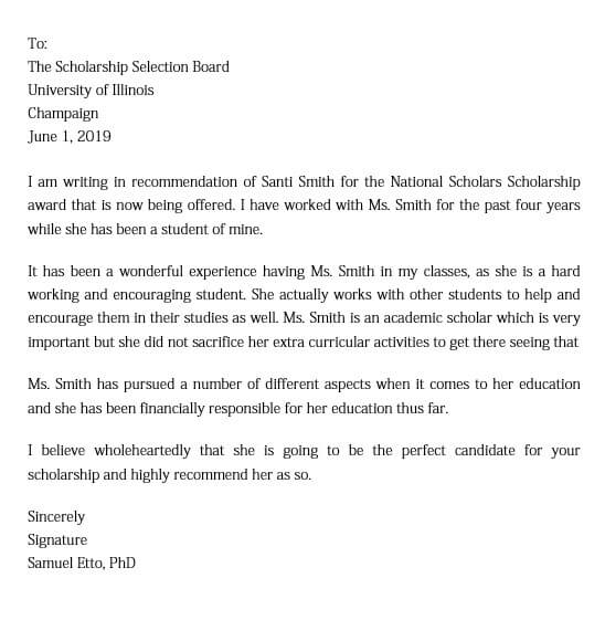 sample letter of recommendation for national scholarship