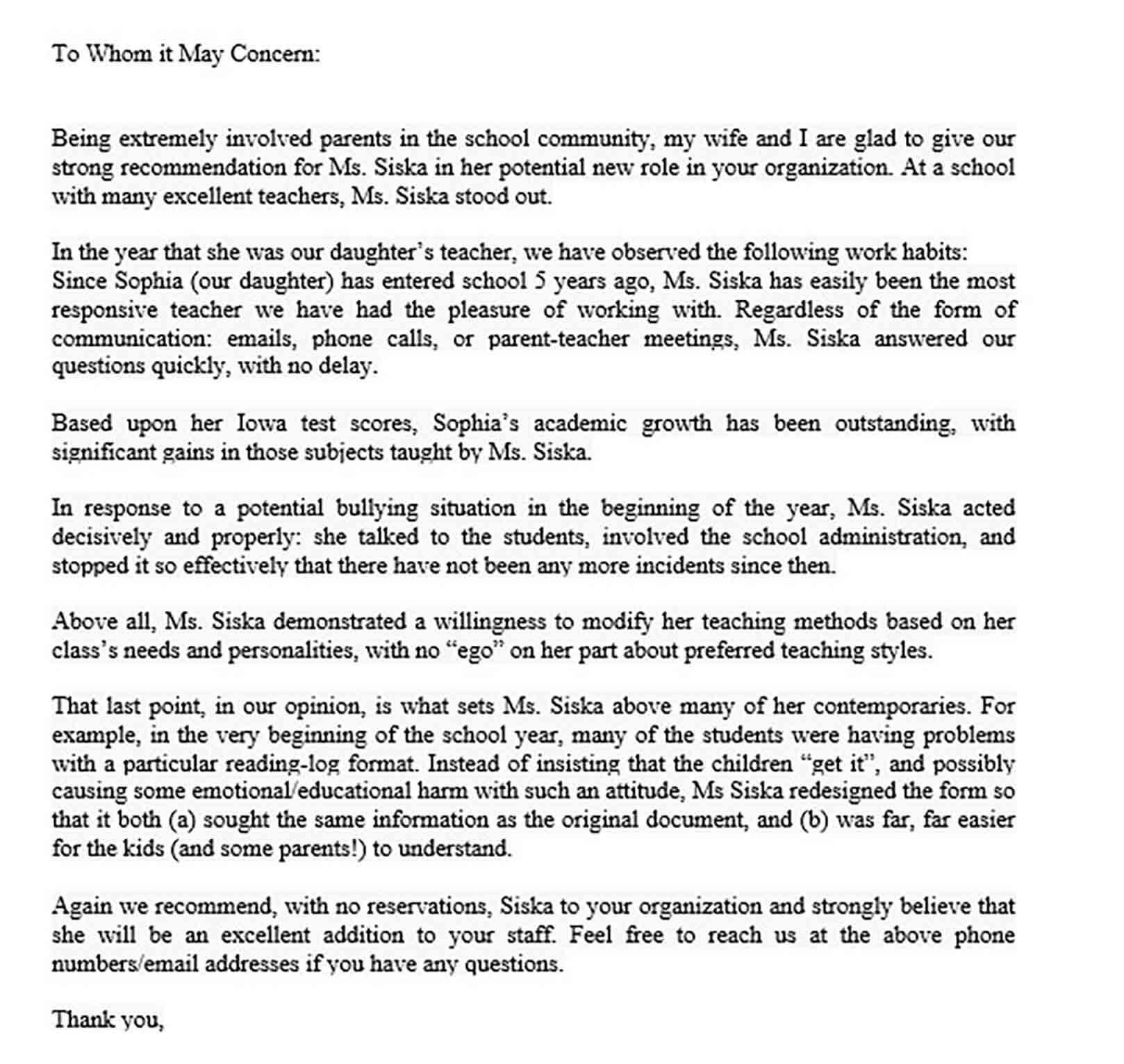 sample letter of recommendation for teacher by parents