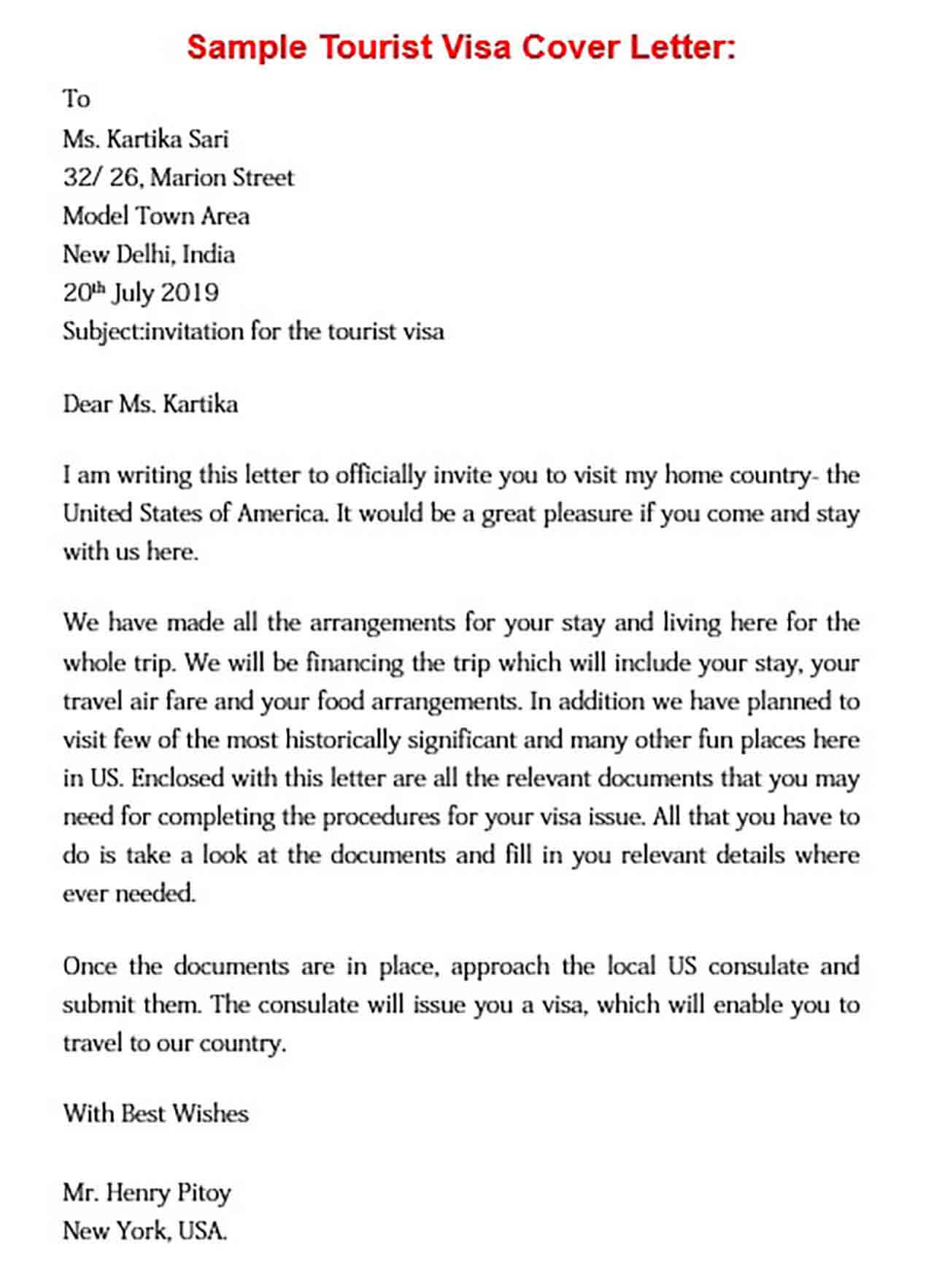 us tourist visa cover letter sample