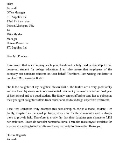 scholarship recommendation letter for college student