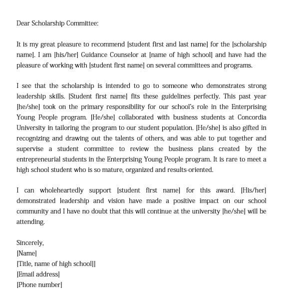 scholarship recommendation letter from guidance conselor