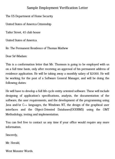 simple employment verification letter