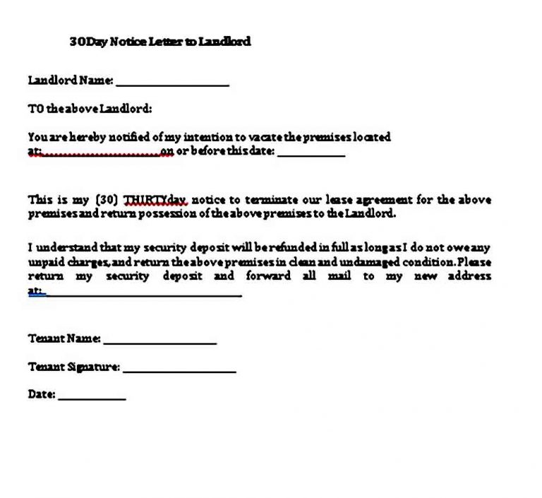 30 Day Notice Sample Letter To Landlord