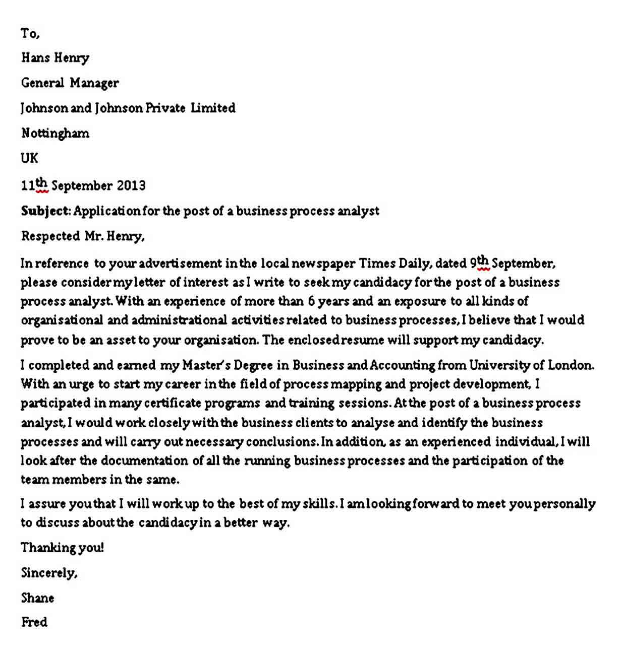 Business Process Analyst Cover Letter