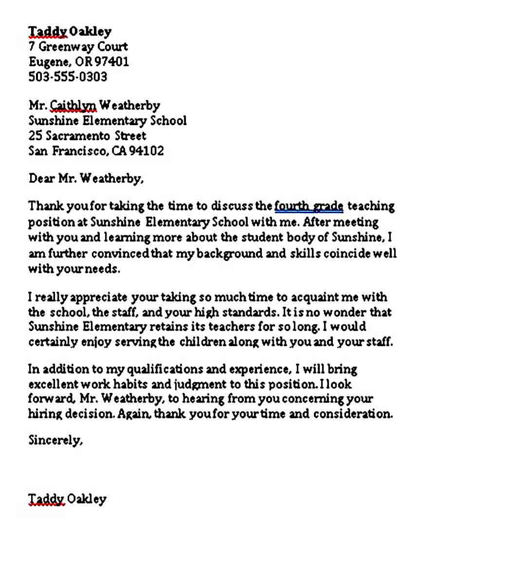 Elementary School Teacher Thank You Letter