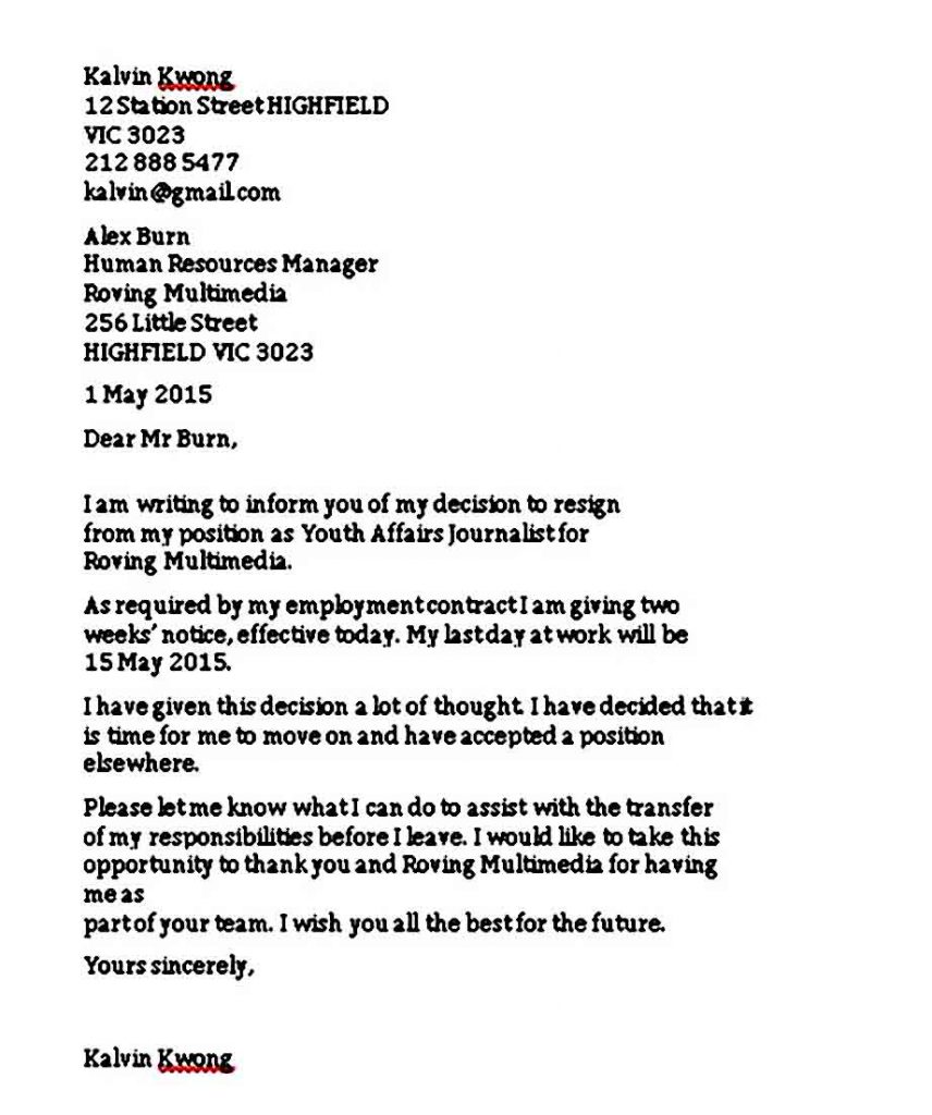 Example of Resignation Letter Weeks Notice