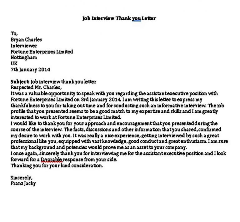 Job Interview Thank You Letter Template Word