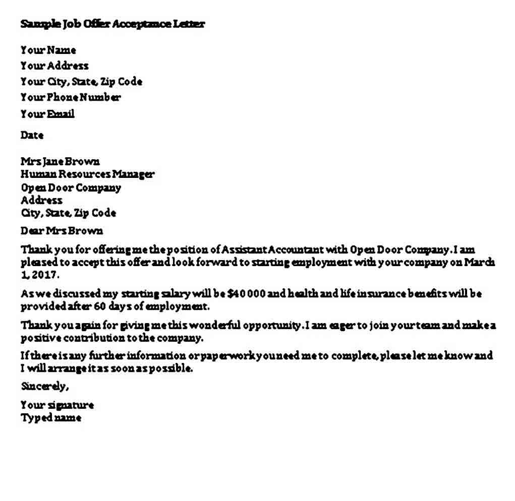 Job Offer Acceptance Letter Sample