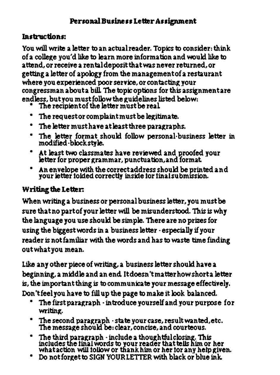 Personal Business Letter Assignment
