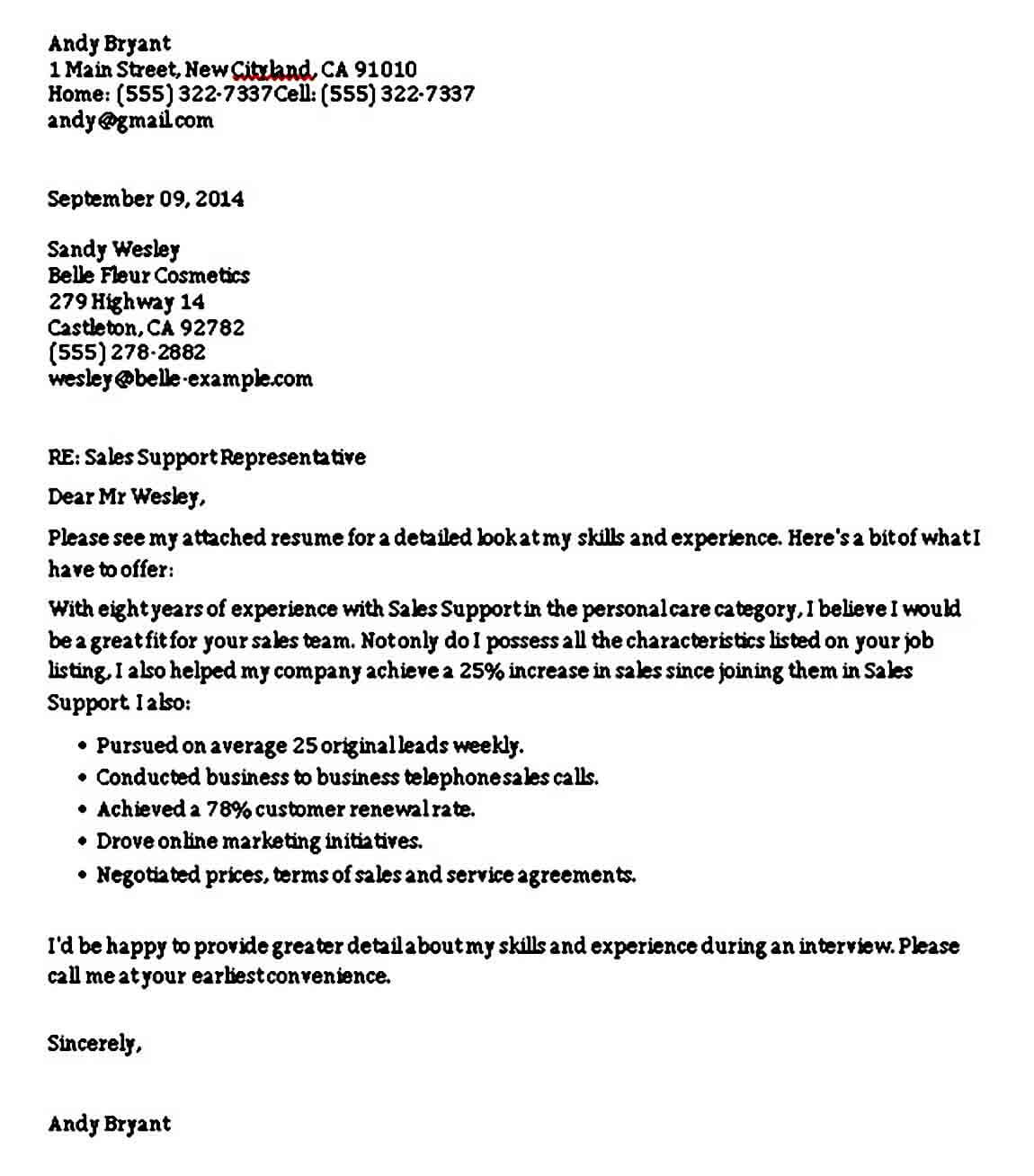 Sales Support Associate Cover Letter Example CEL